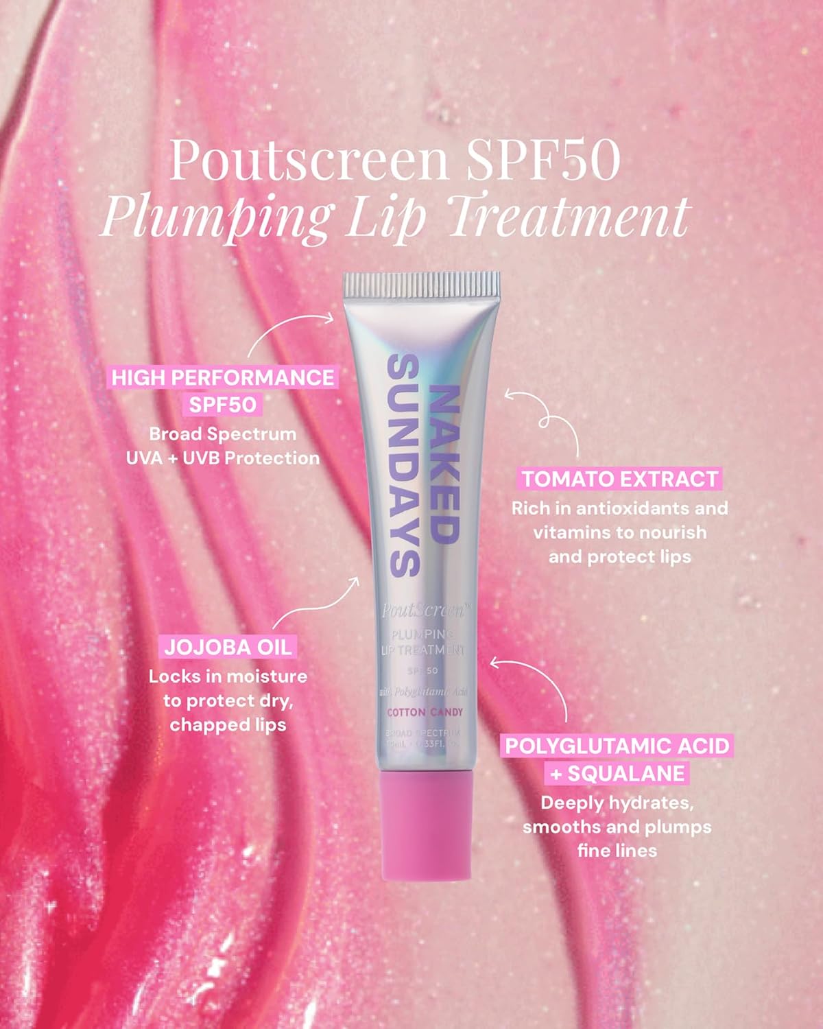 Naked Sundays PoutScreen™ SPF 50 Lip Balm – Hydrating Lip Treatment with Polyglutamic Acid for Moisture, Shine & Sun Protection | Vegan, Non-Sticky, Conditioning, High-Gloss Finish - Image 4