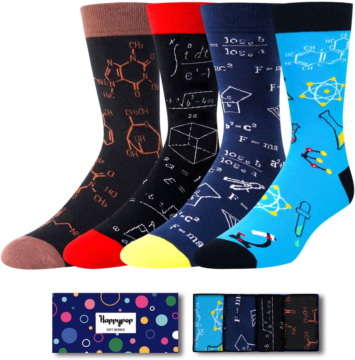 HAPPYPOP Math & Chemistry Socks for Men, 4 Pack, Funny Socks for Teachers, Scientists, Students, Teens Boys, Gift for Science Lovers, Breathable Cotton, Crew Length