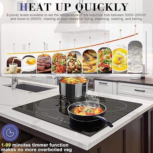 Miniatura 3 de Noxton Placa de inducción 4 quemadores, estufa de inducción de 24 pulgadas, control táctil deslizante, 9 niveles de potencia, función de impulso de