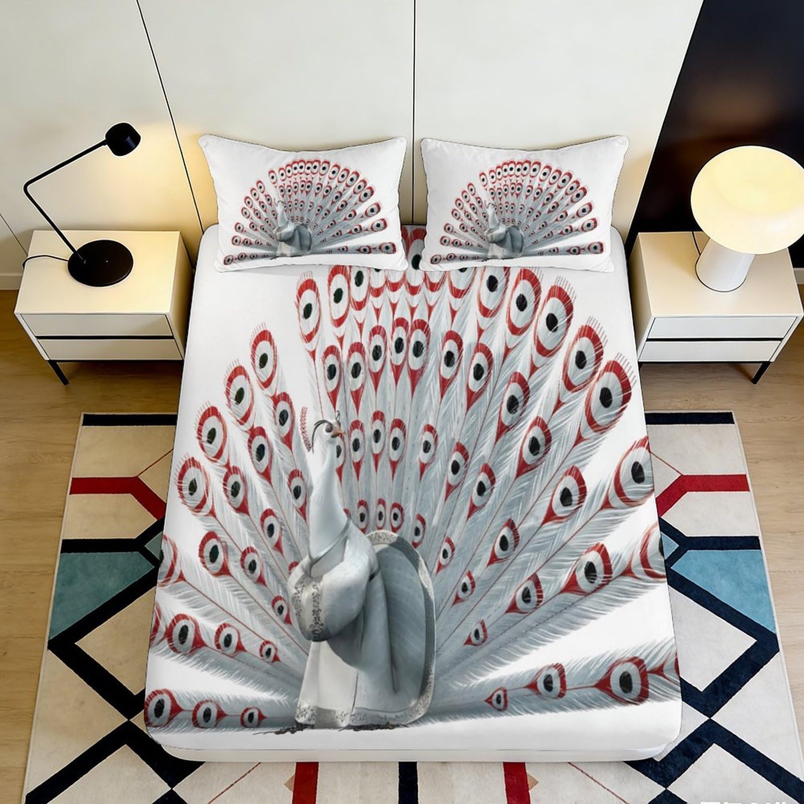 Pnayamiorkfel Style-5 3D Printed White Peacock Fitted Sheet Microfiber Soft Breathable Red Feather Bed Cover For Bedroom Dorm Decor 90X200x25cm
