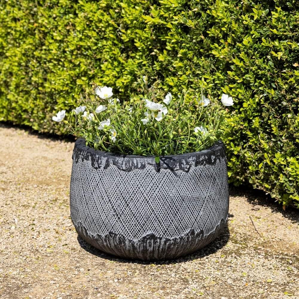 Primrose H23cm Fibrecotta Round Planter In Charcoal Garden Patio Flower Pot
