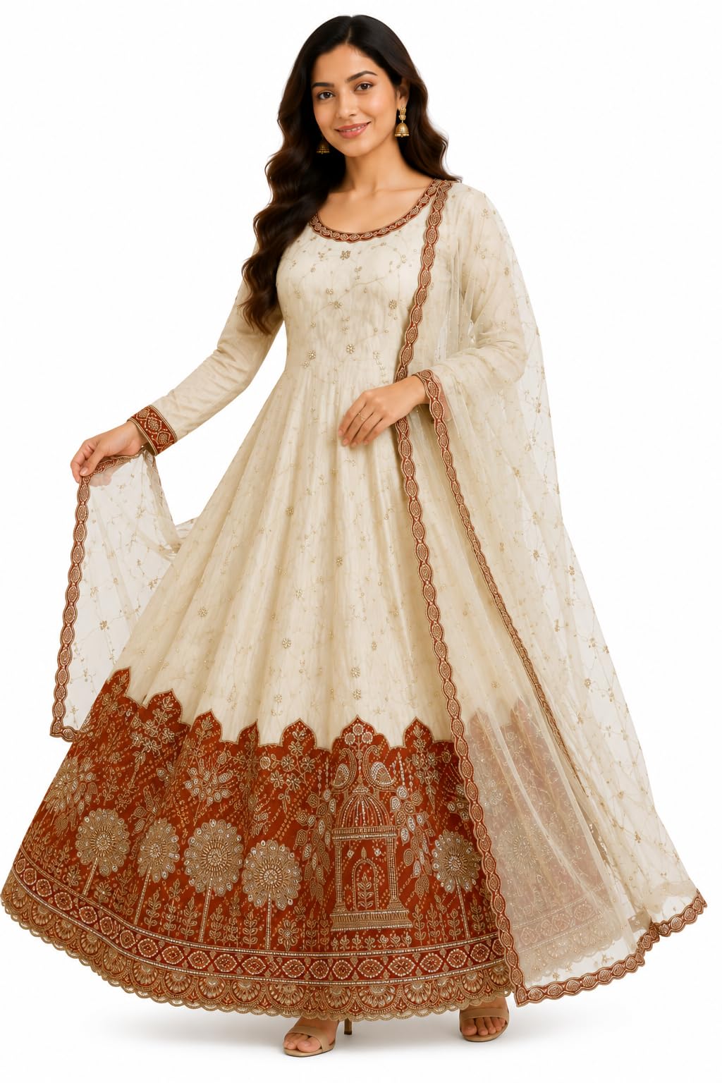 Anarkali Suit with Dupatta Tishu Gold Red Viscose | Heavy Embroidery, Dyeable Fabric, pattern Border Design, Full Sleeves, 6 meter flare-image-49