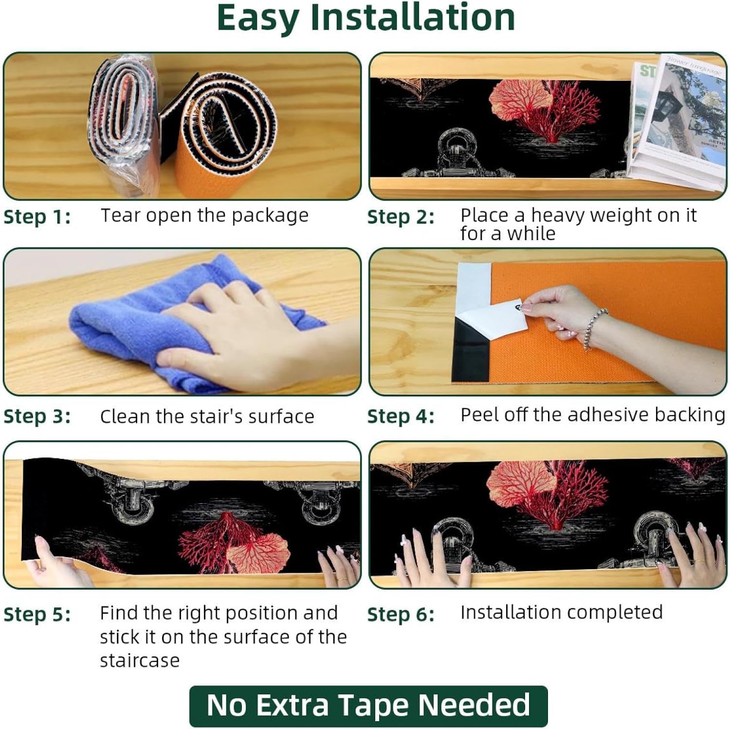 Nautical Anchors and Corals (3) Stair Treads for Wooden Steps Indoor Runner Rug Carpet, 15 Pieces Peel and Stick Staircase Step Treads Covers Washable Throw Door Mats 30"x8"