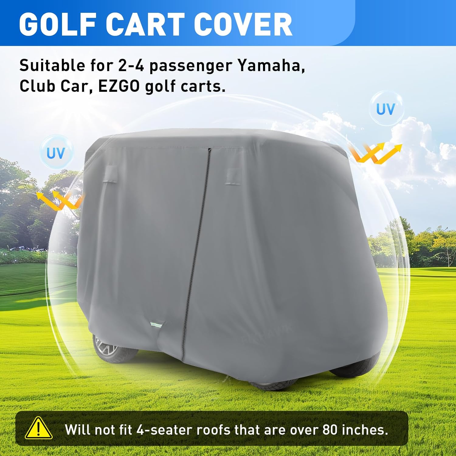 2/4 Passenger Golf Cart Cover for Club Car, EZGO,Yamaha Model, 420D/620D PU Oxford Fabrics Waterproof Golf Cart Covers All-Weather Protection Full Cover 3-Zipper (Black/Gray)