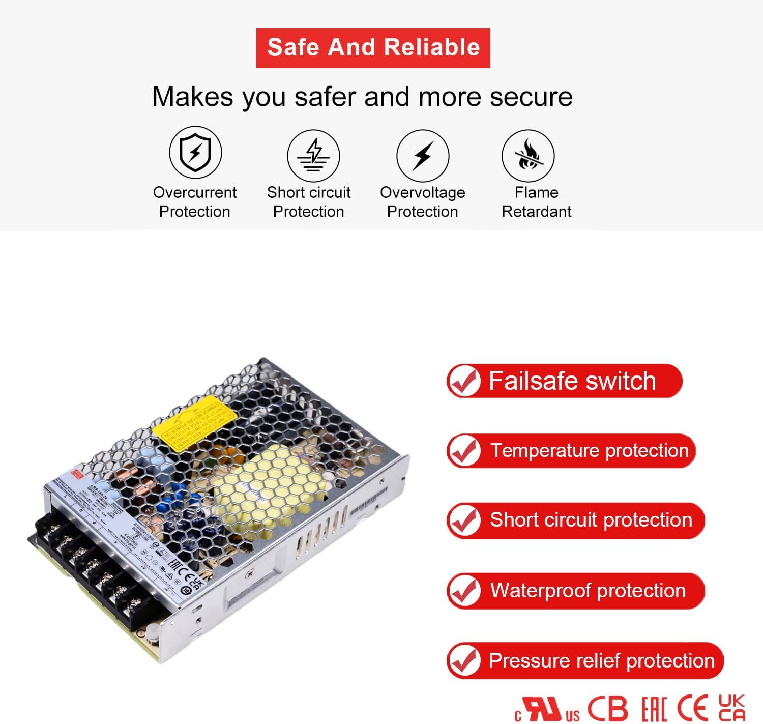 LRS-150-24 24V 150W Single Output Switching Power Supply, 85-264VAC/240-370VDC Input, 1U Low Profile, Industrial Grade, UL/TUV/CB Certified, for Automation, LED Lighting, and Appliances