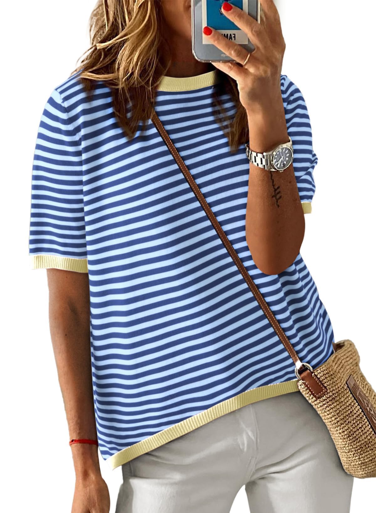 Cuptacc Tshirt Damen Gestreiftes Shirt Damen Oberteile Sommer Rundhals Basic Tops Kurzarm Tunika Pullover Elegant Blau Klein S 34-36