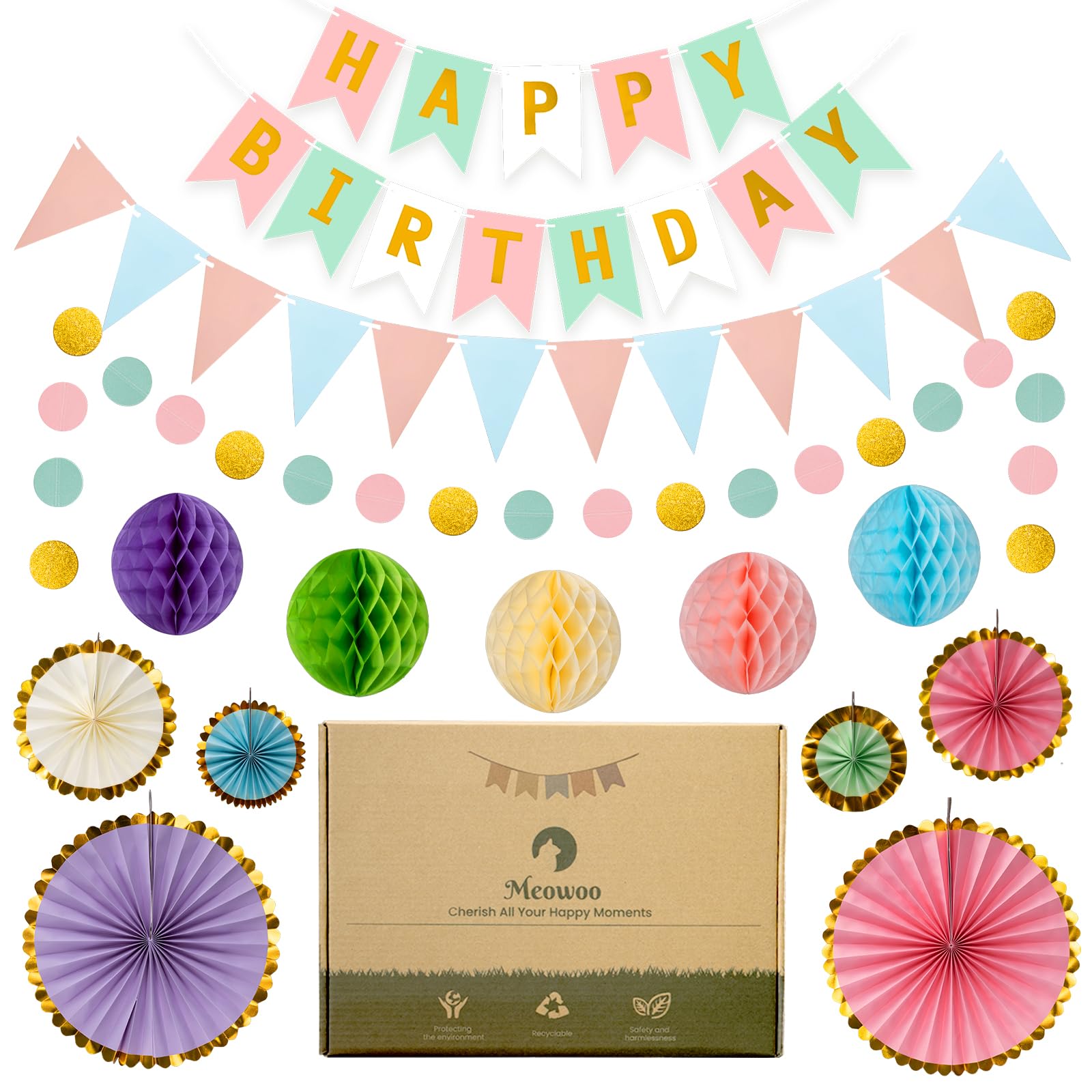 Meowoo Geburtstagsdeko, Macaron Geburtstag Party Deko - Happy Birthday Girlande, Wimpelkette, Wabenblumen, Papierfächer - Wiederverwendbare Deko Geburtstag für alle Männer und Frauen
