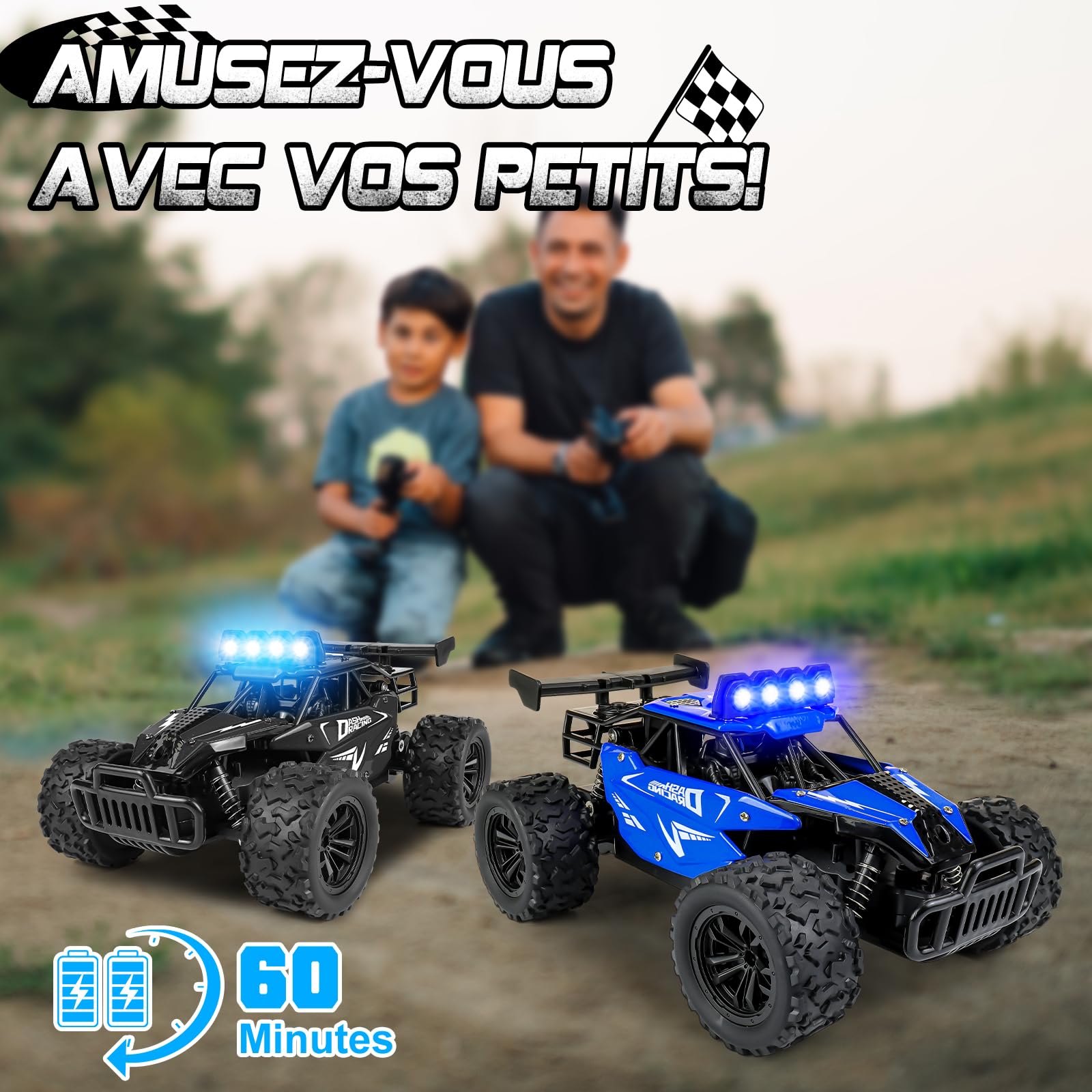 Joellfuner Voiture Ttélécommandée Tout Terrain, 1:16 2.4GHz Voiture Rc avec Lumière LED Quadrichromique, 2WD 20KM/H Buggy RC avec Vitesses Hautes et Basses, Cadeau pour Enfants Plus de 3 Ans (Noir)