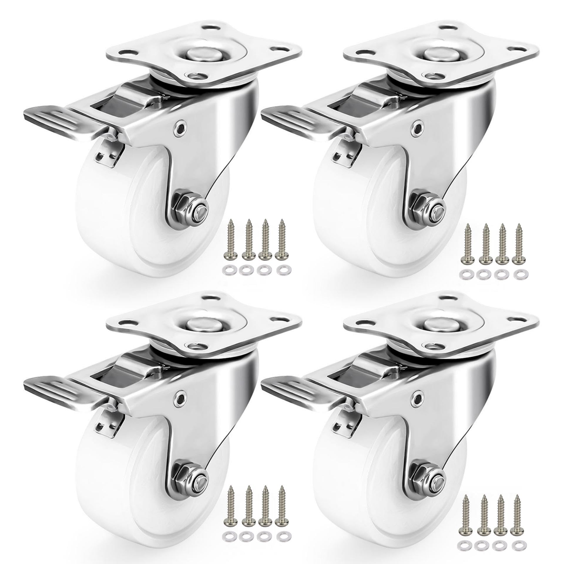 Set di 4 Ruote piroettanti in Acciaio Inox da 2 Pollici, antiruggine, per Esterni, con Freno, Ruote Resistenti in Poliammide PA per mobili, Laboratori e ristoranti.