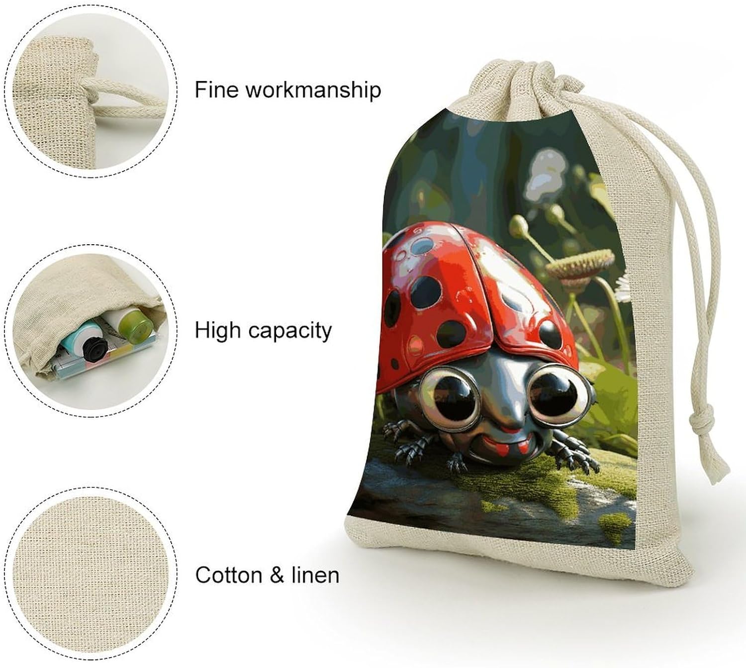 FekiLoot Cartoon Ladybug Cotton Linen Drawstring Bags Pack of 8 image 3
