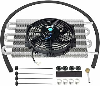 Universal 6 Row Radiator Remote Transmission Oil Cooler Aluminum with 10" Black Cooling Fan w/Kit Electric Radiator Cooling 12V 80W Mount Kit