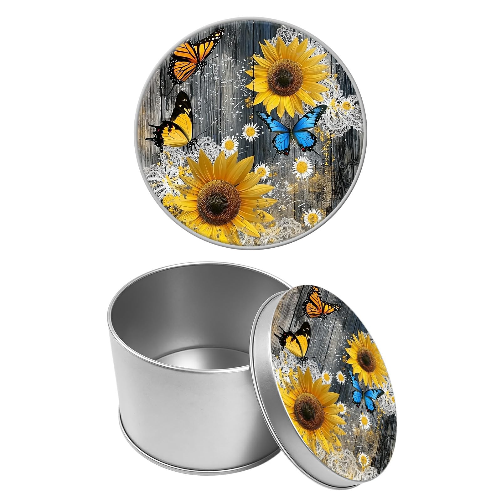 Round Metal Tin Container with Removable Lid, Sunflower Wood Butterfly Durable Metal Storage Box for Cookies Spices Tea Candies Cakes Jewelry Cosmetics 3.54 x 2.36 inch– Single Pack