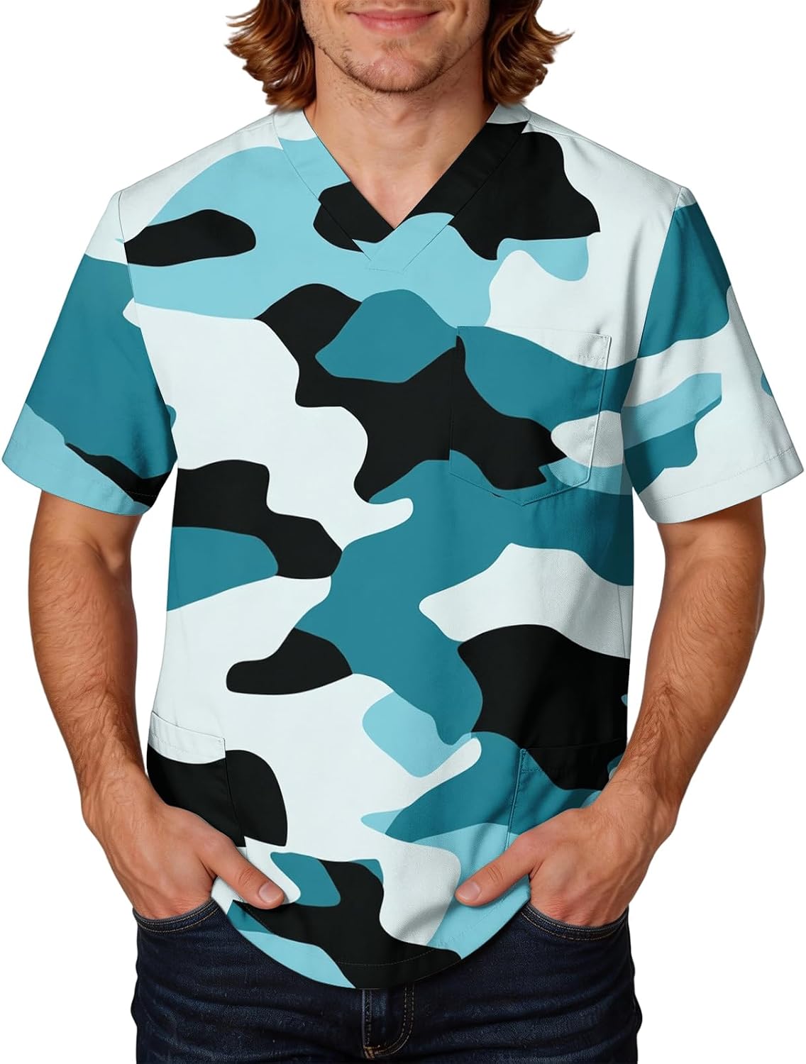 RTRDE Men's Camo Print Work Shirts Short Sleeve Moisture-Wicking Stretch Scrub Top with Pockets, S-5XL