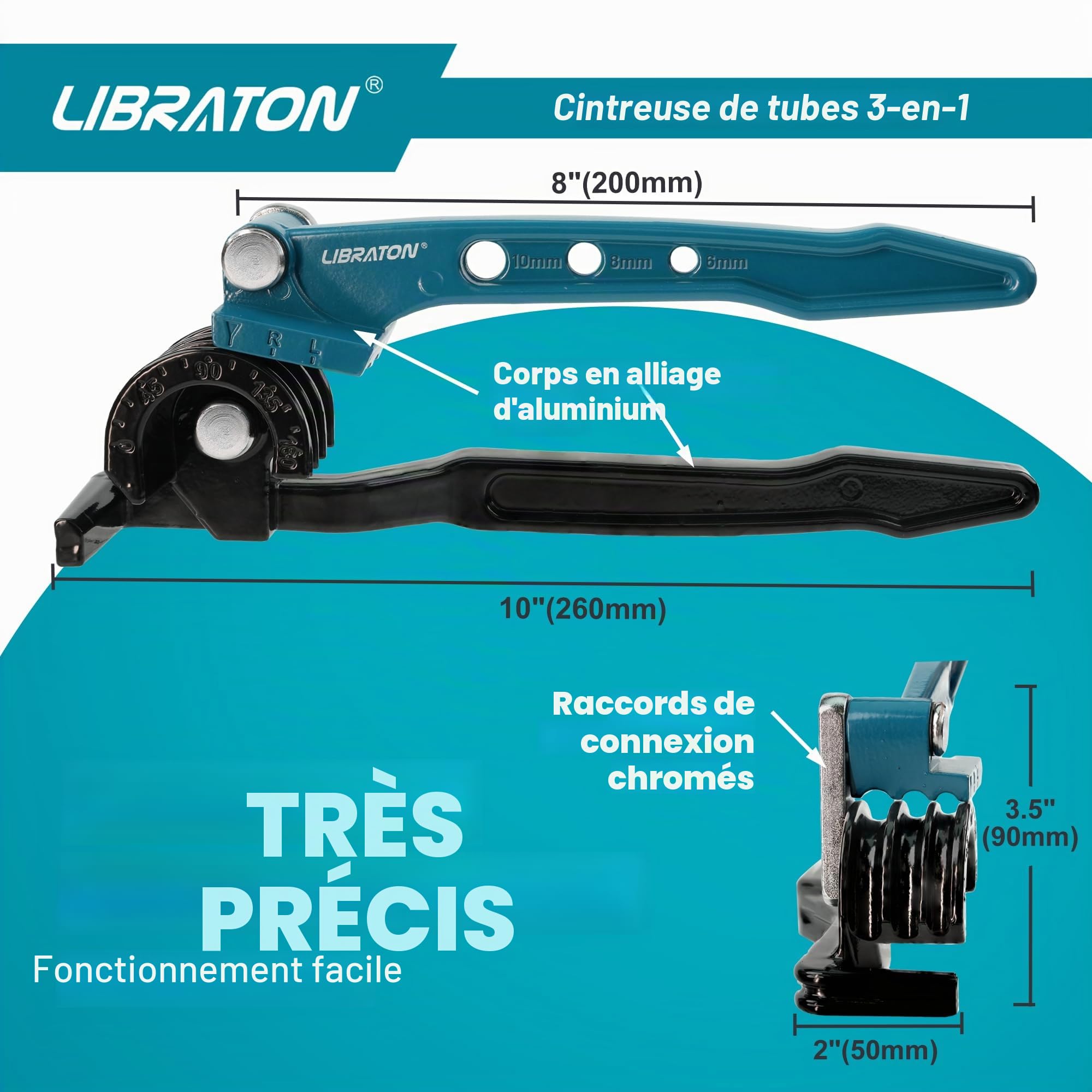 Libraton Cintreuse de tuyaux en cuivre et conduites de frein, outil de cintrage 3 en 1, cintreur de tuyaux 0-180 degrés, 6 mm, 8 mm, 10 mm, machine manuelle pour tuyaux en cuivre, aluminium et métal
