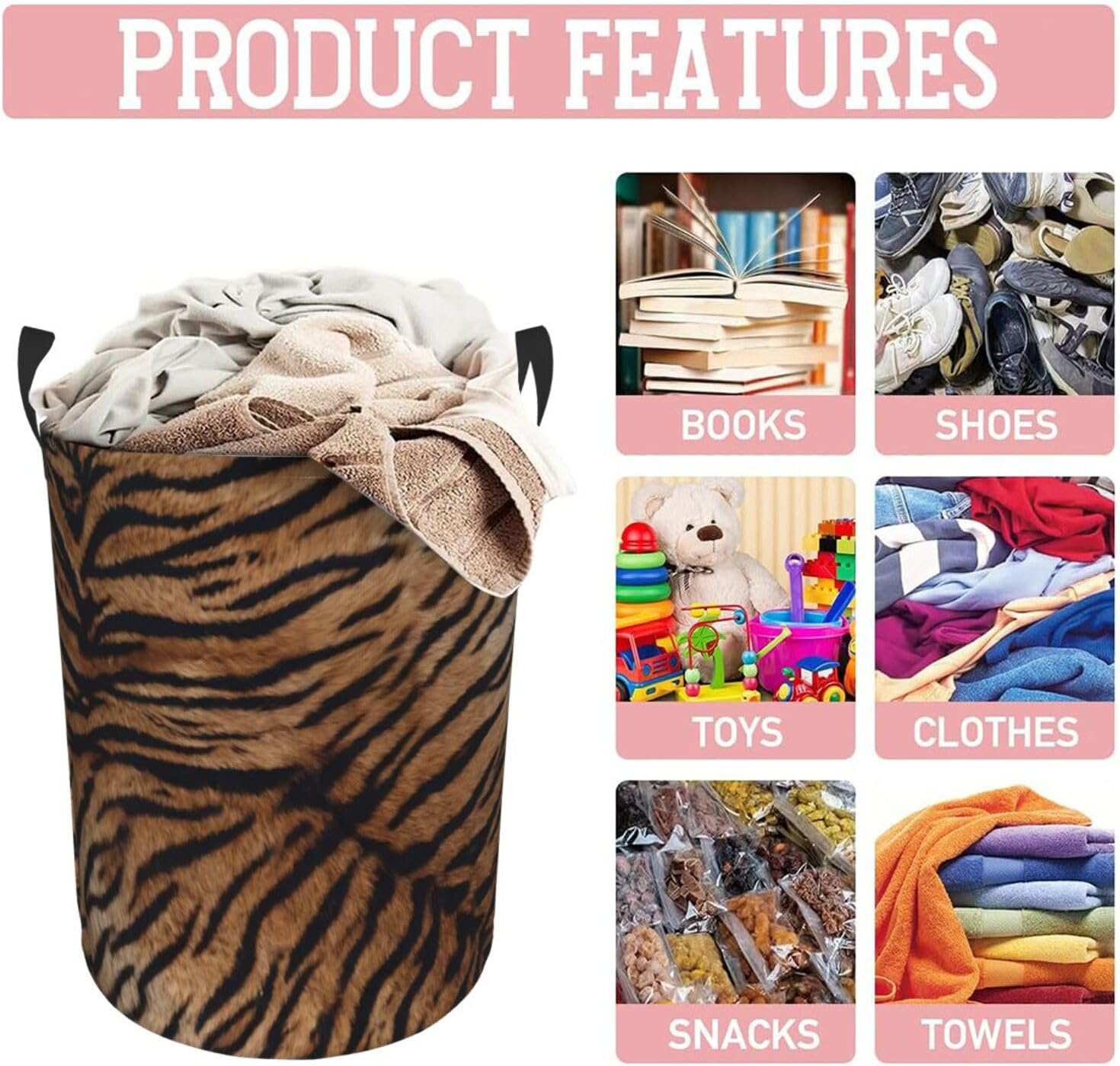 Tiger Texture Round Laundry Hamper Natural Animal Skin Print Storage Basket Toys Clothes Organizer Bin For Home Bathroom Bedroom Dorm Nursery, 62l