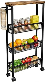 AZERPIAN Slim Rolling Cart 4 Tier Narrow Storage Cart on Wheels with MDF Board Top and Metal Handle for Small Space Kitchen Living Room Home Office Pantry Bathroom Laundry Room(16.54×5.12×30.31 inch)
