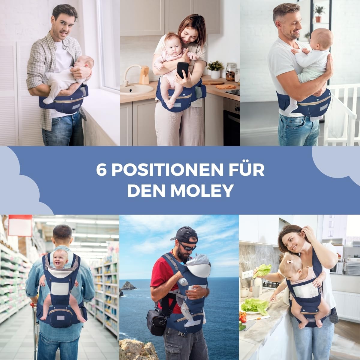 Mobiclinic® kids, Babytrage, 6 in 1, Moley, Mehrpositionale, Faltbar, Reißverschlusstasche, Flaschenhalter, Weiches premium-baumwolle, 0-36 monate, Für neugeborene und kinder (marineblau)