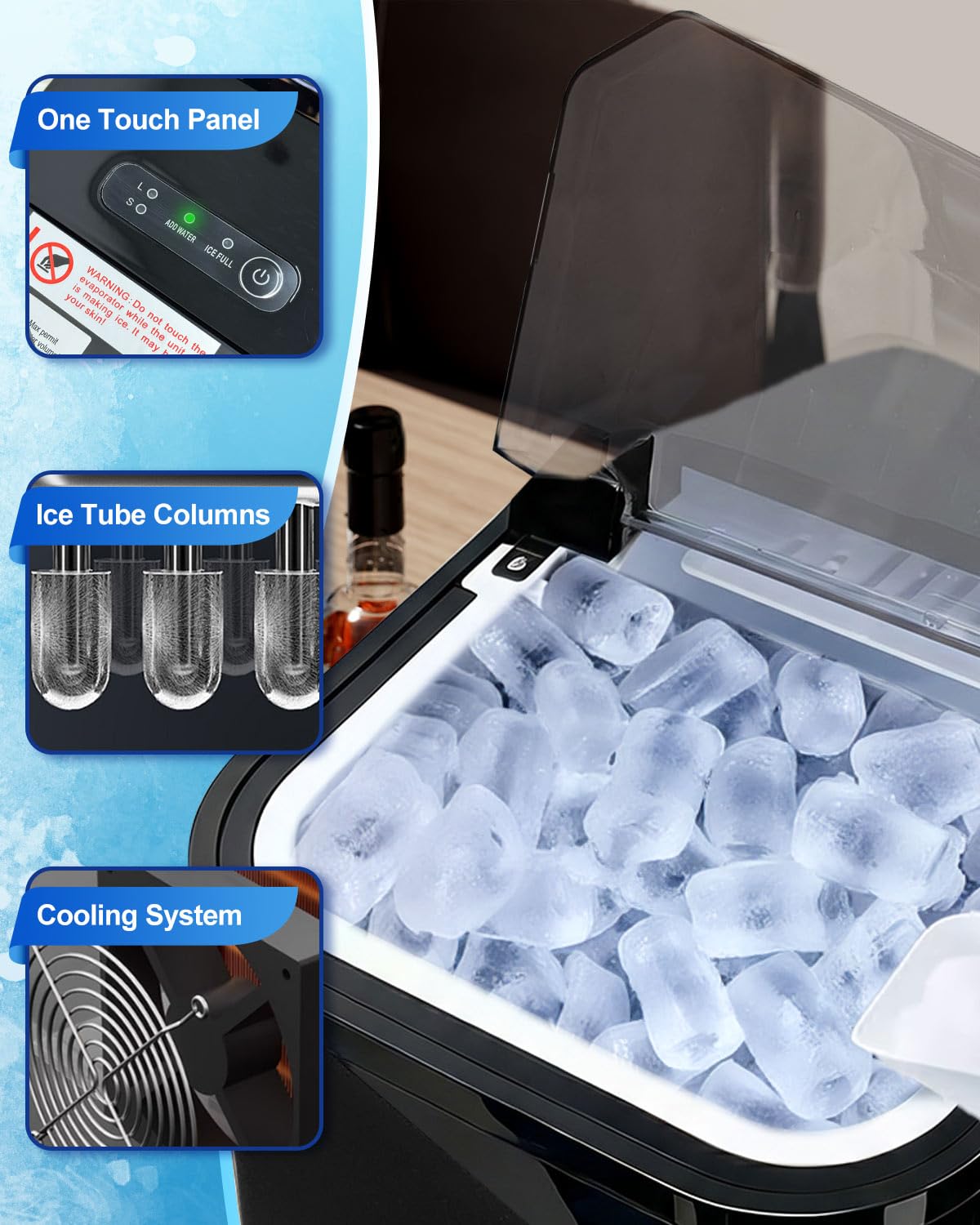 Máquina para hacer hielo, 8 cubitos de hielo en 6 minutos, 12 kg en 24 horas, 2 tamaños de hielo bala, autolimpieza, pequeña máquina de hielo portátil con mango y cuchara, para el hogar, cocina