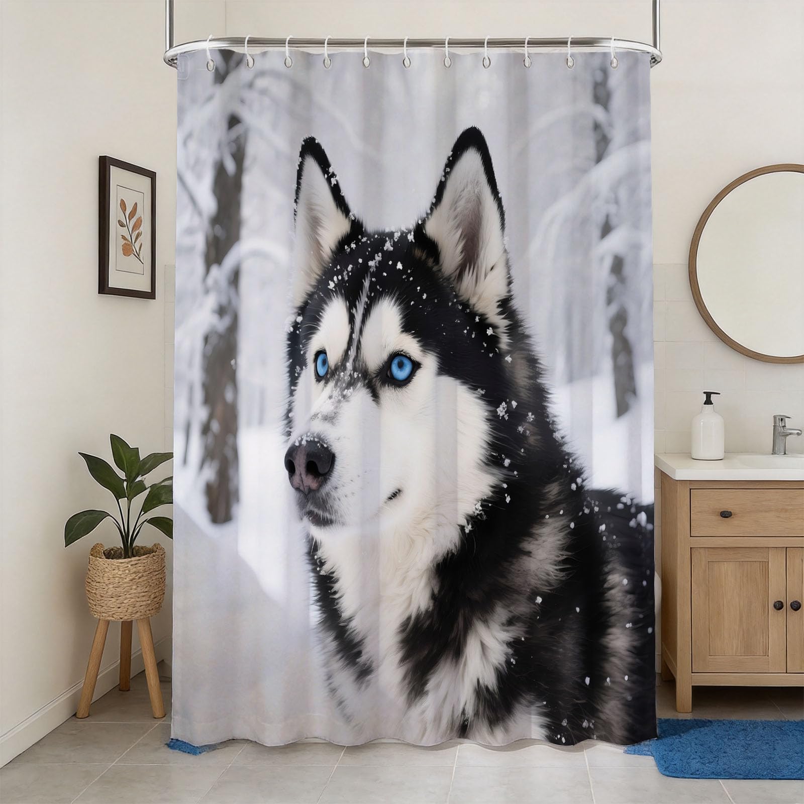 Hongduo 3D Blue Eyed Husky Shower Curtain for Stalls Bathtubs Cute Dog Bathroom Decor Shower Curtain Set Polyester Fabric Waterproof 200x200cm/79X79 Inch with Hooks