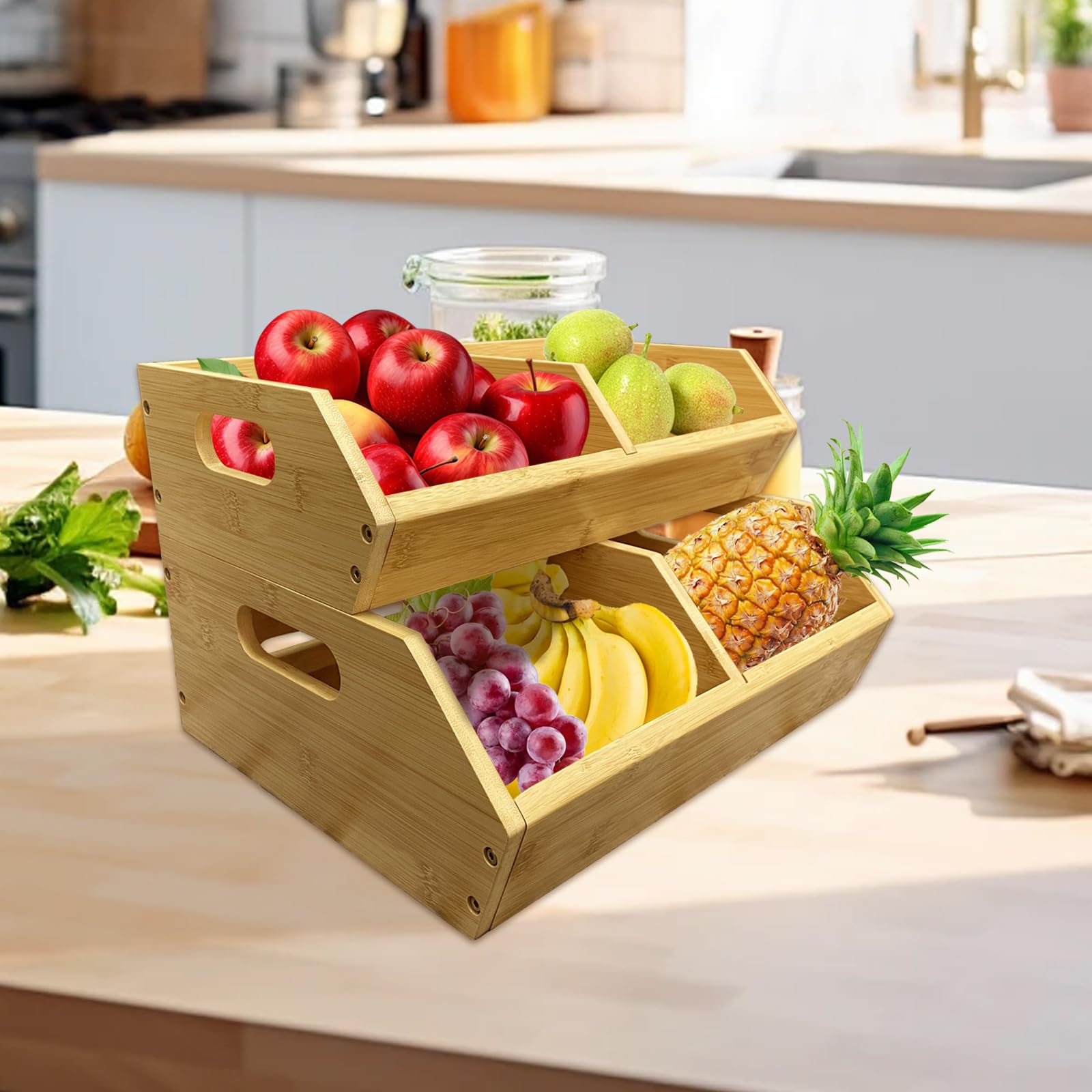 Lot de 2 bacs de rangement empilables en bambou pour légumes, organisateurs et paniers de rangement pour cuisine et garde-manger, pour fruits, légumes, produits, pain, pommes de terre, oignons et