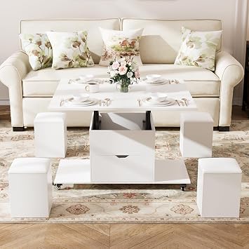 VOWNER Lift Top Coffee Table 3-in-1 Convertible with Drawer 4 Stools