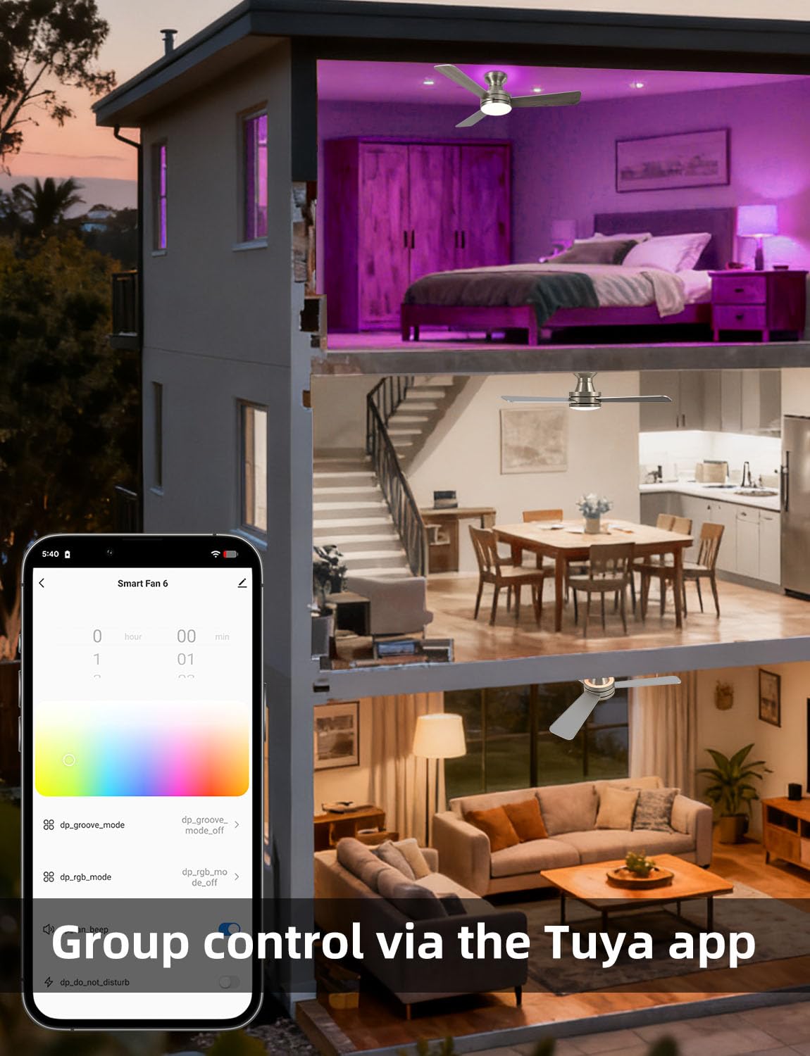 42 RGB Ceiling Fan with Light Music Sync Smart Fan with Alexa Google App Control Low Profile Flush — view 9