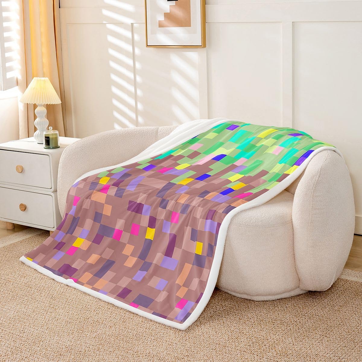 jejeloiu Pixelated Miners Sherpa Blanket Plush Fuzzy Geometric Video Games Fleece Throw Blanket Boys Girls Brown Green for Bed Couch Chair Living Room Stripes Bedroom Decor Abstract Baby 30"x40"