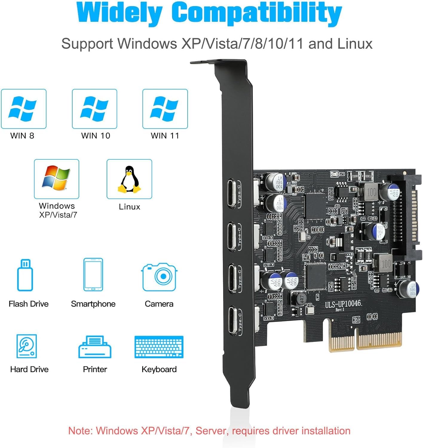 PCIe USB 3.2 Gen 2 Karte mit Intern 15-poliger Steckverbinder | 10Gbps, PCI Express x4/x8/x16, Low Profile, Front platten adapter, 4 Ports USB C, Normales/Kleines Computergehäuse, Windows