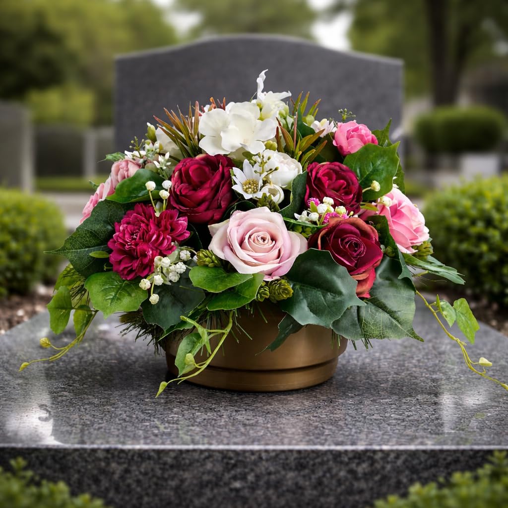 Generisch Grabgesteck künstlich wetterfest 30 cm – Grabgestecke mit Rosen im Topf beschwert – Grabschmuck für Friedhof & Urnengrab – EU Handmade Grabdeko