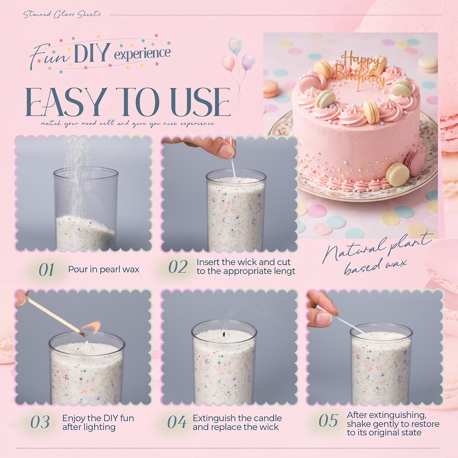 MTLEE Bougie perlée « Happy Birthday » - 1 kg - Parfum gâteau à la crème vanille - Kit de bougies parfumées au sable - Comprend 50 mèches - Boîte cadeau - Cuillère de cire perlée réutilisable pour