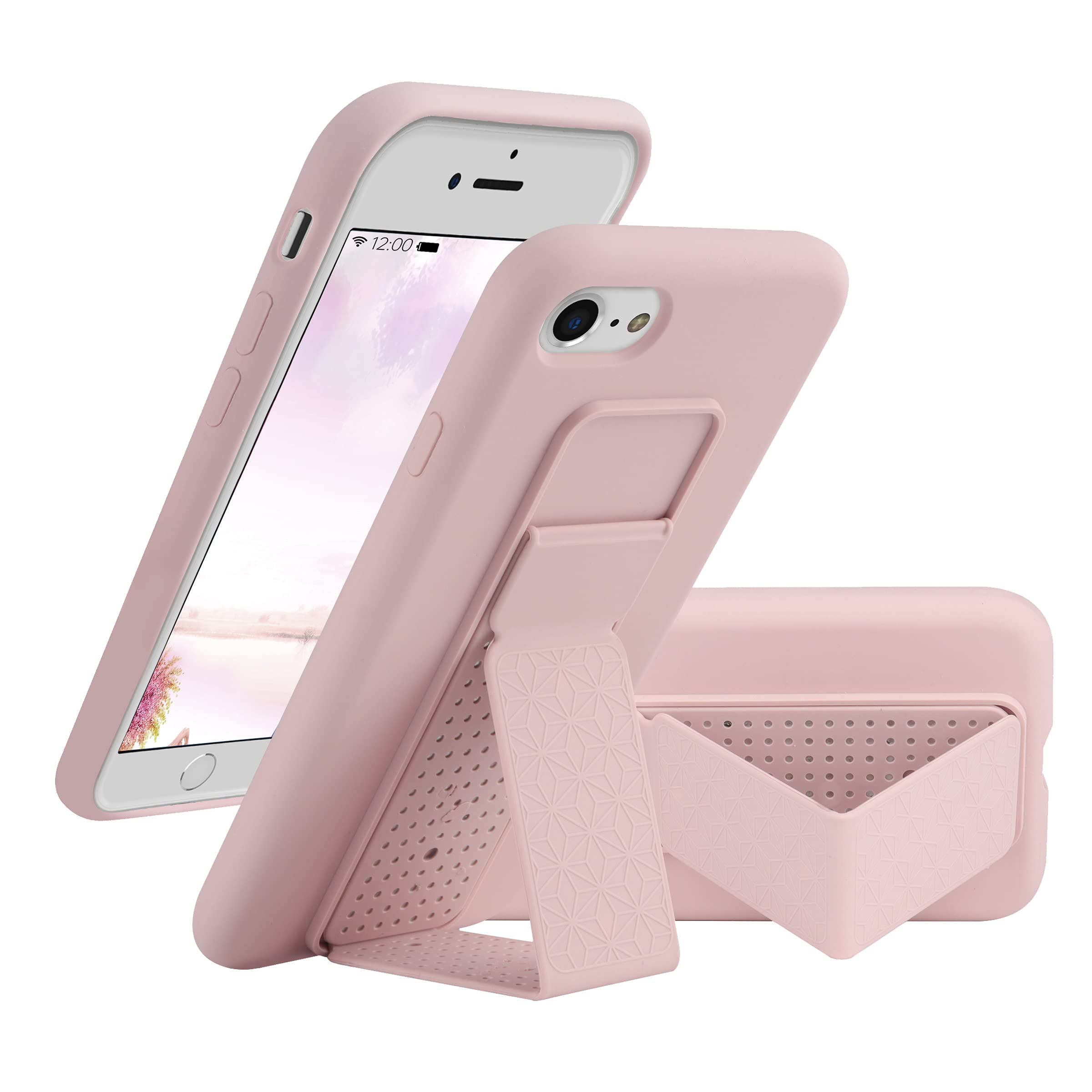 LAUDTEC Silicone Kickstand Case Compatible with iPhone 7/8/SE, Vertical and Horizontal Stand Hand Strap Metal Kickstand Cover, Flexible Soft Liquid