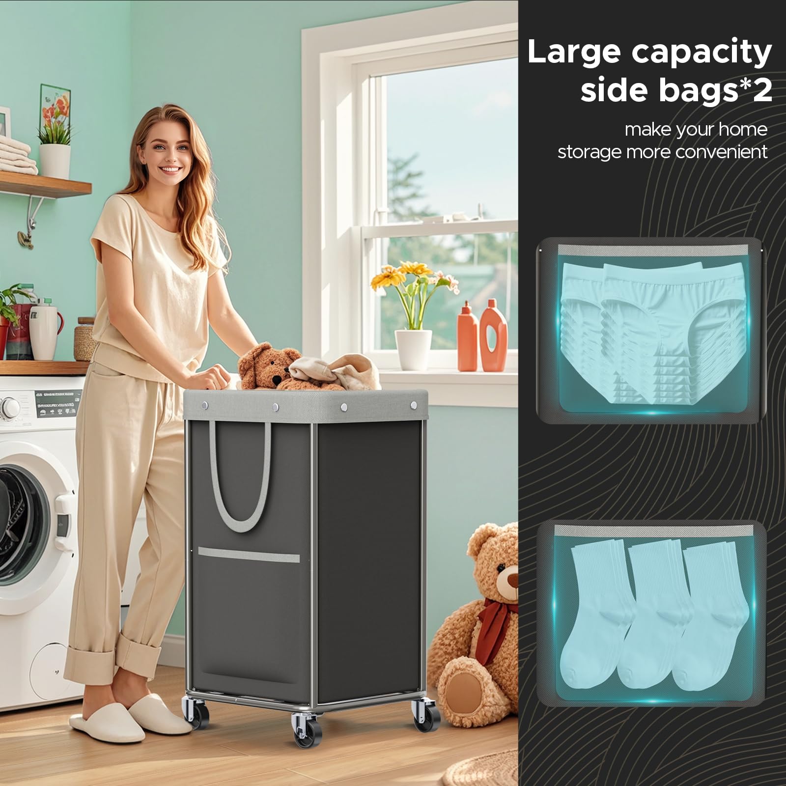 JYPS Cesta de lavandería grande de 150 L, con ruedas y asa, cestas de lavado extraíbles y 2 bolsas laterales, bolsa de lavandería de tela Oxford impermeable para almacenamiento de ropa sucia