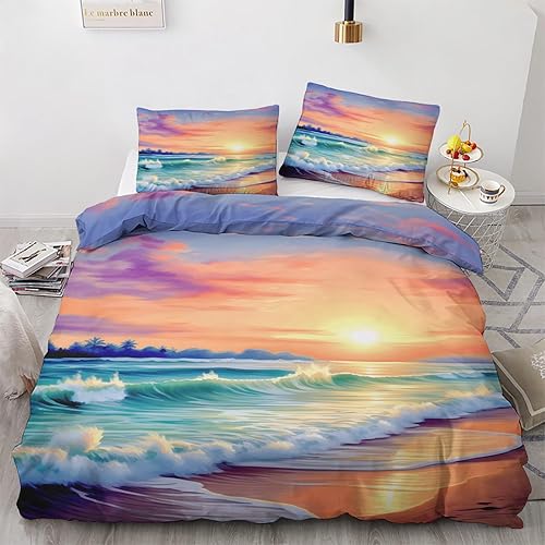 zcwl Funda de edredón de playa tamaño matrimonial  Juego de ropa de cama Sunset Sea  3 piezas  Funda de edredón de microfibra suave con lazos de