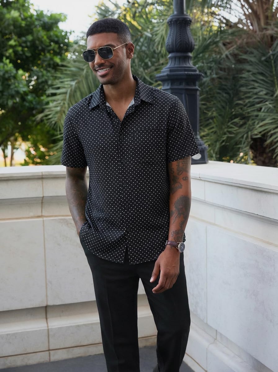 Runcati Mens Button Down Shirts Short Sleeve Wrinkle Free Dress Shirts Business Casual Polka Dot Print Shirt with Pocket - Image 4