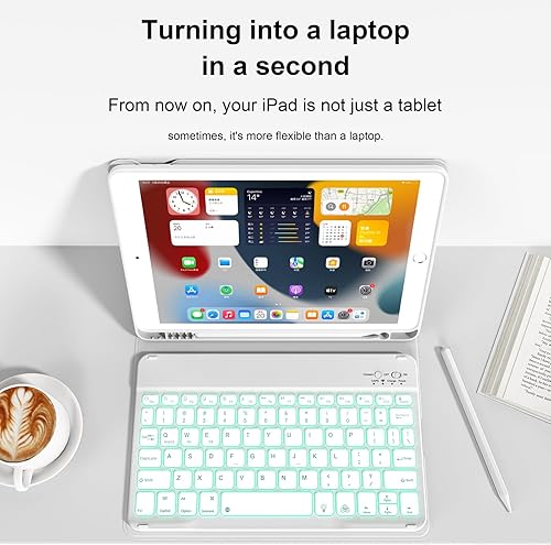 Miniatura 47 de aoub Funda para iPad de 9ª/8ª/7ª generación de 10.2 pulgadas, funda de teclado Bluetooth inalámbrica desmontable, funda trasera de TPU suave
