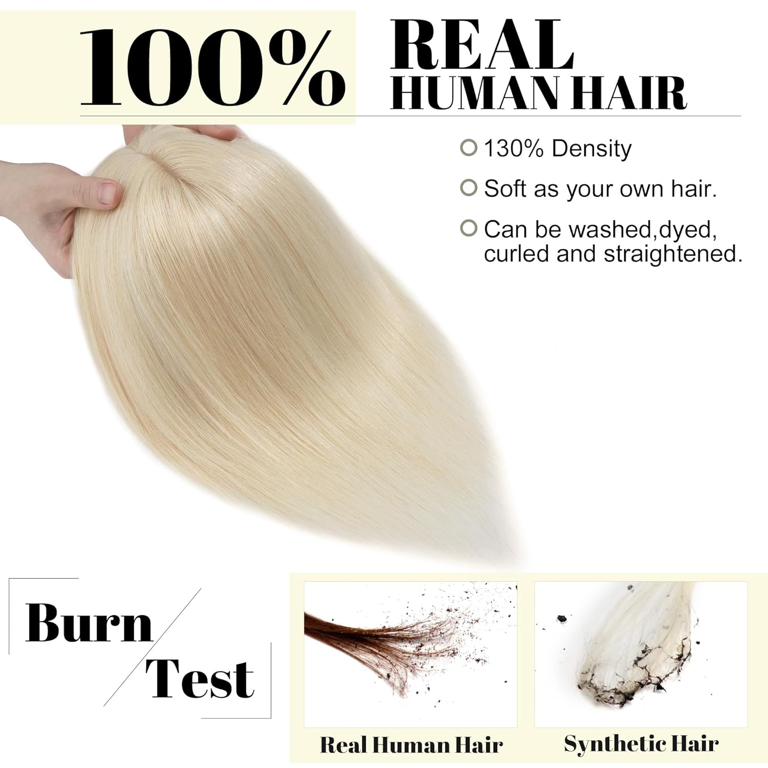 SEGO Hair Toppers for Women With Bangs Real Human Hair, 130% Density 10 * 12CM Silk Base Clip in Top Wiglet Hairpieces for Thinning Hair-6 Inch 60 Platinum Blonde