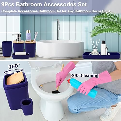 Miniatura 4 de Juego de 9 accesorios de baño, azul marino, cubo de basura, soporte y recipiente para cepillos de dientes, dispensador de jabón, bandeja de tocador,