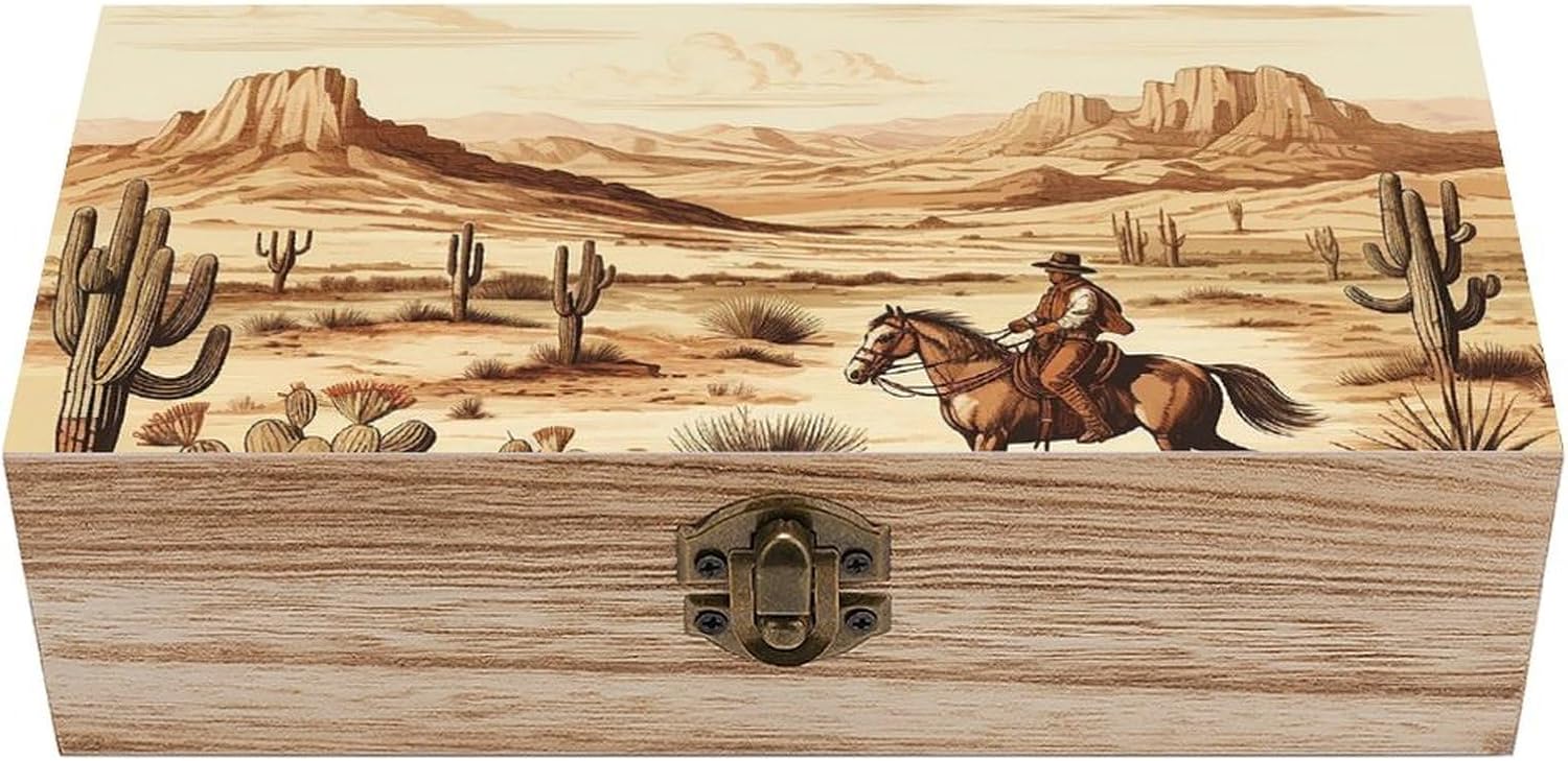 Cactus Cowboys Riding Horses Wooden Storage Box Keepsake Box with Lid And Front Clasp Dust-Proof Jewelry Boxes Vintage Treasure Chest Decorative Boxes Gifts for Women Men Home Decor