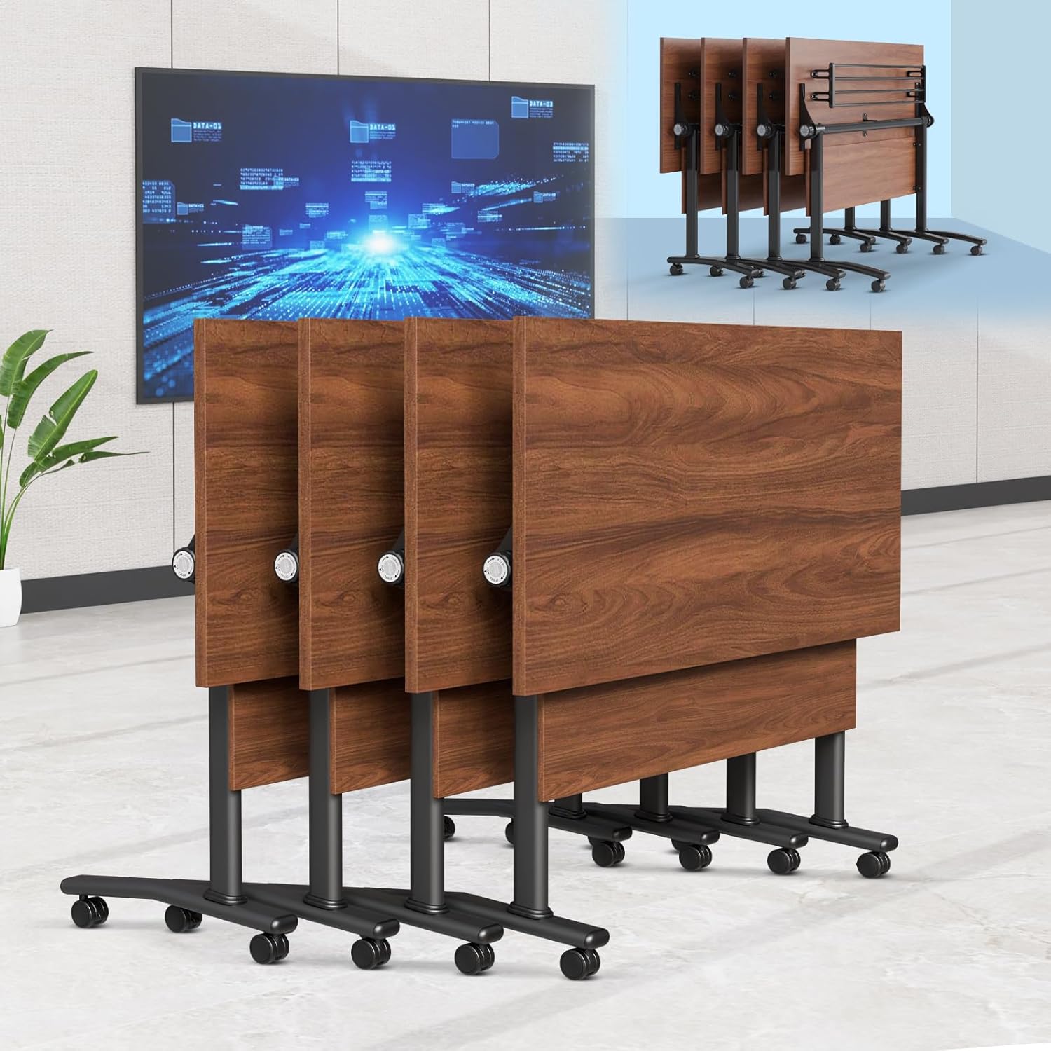 6-8 Person Conference Table Folding Conference Table for Office、Training, Seminar,Schools Modern Wood Conference Meeting Room Table Large Rectangular Conference Room Tables (6, Black-2, 55in)