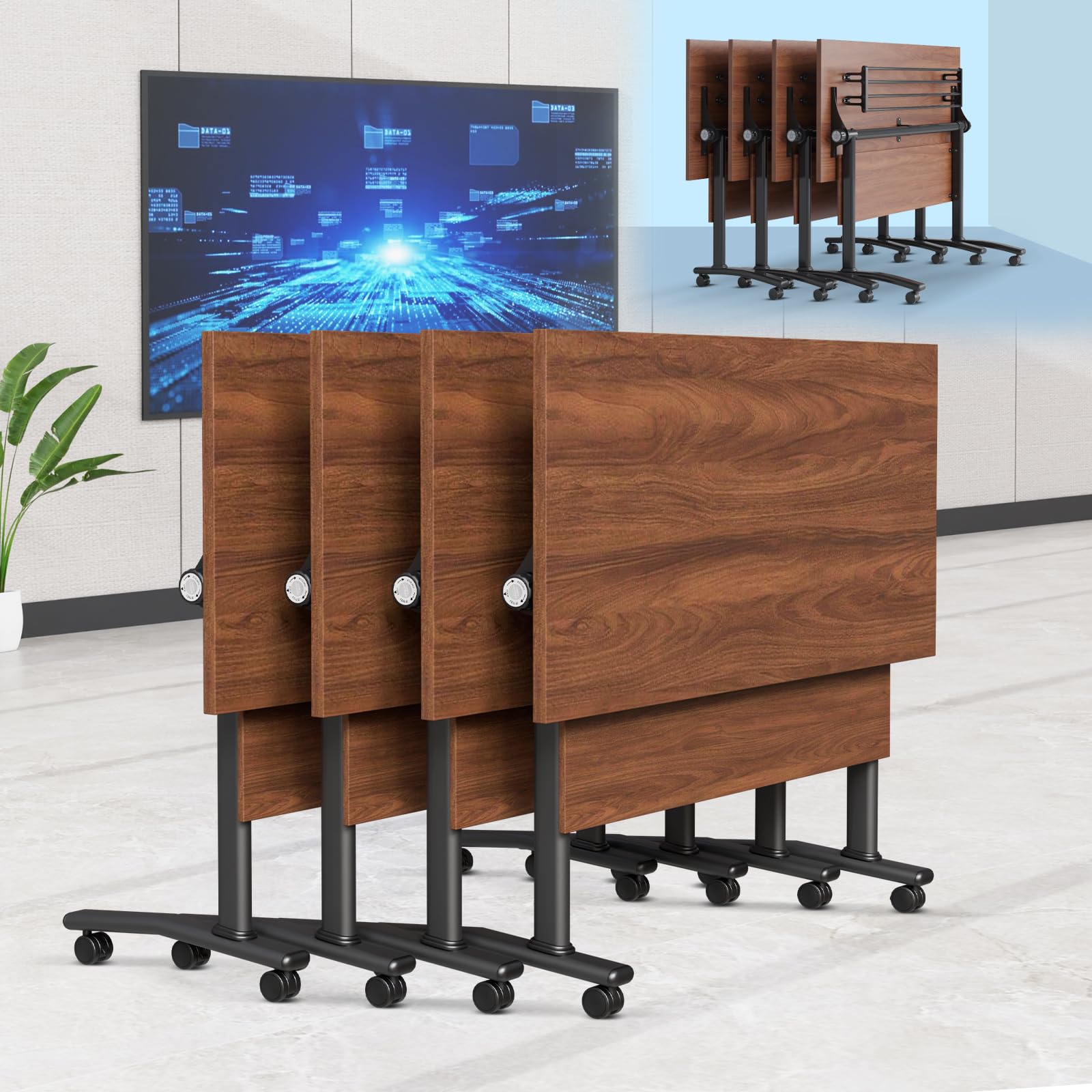 6-8 Person Conference Table Folding Conference Table for Office,Training, Seminar,Schools Modern Wood Conference Meeting Room Table Large Rectangular Conference Room Tables (4, Walnut, 47in)