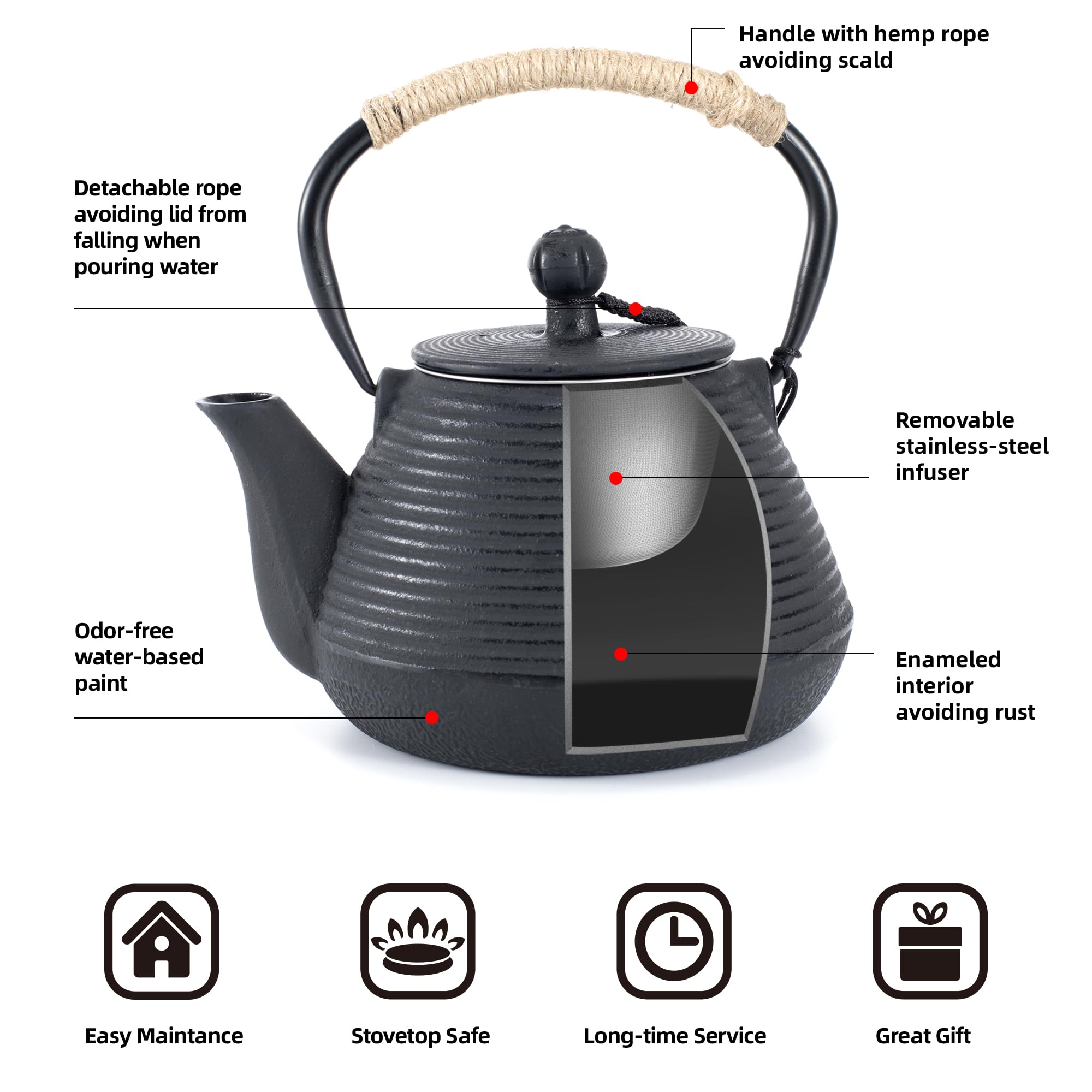 Tetera de hierro fundido, 32 onzas, con patrón de flor de Sakura japonesa, apta para estufa, infusor para hojas sueltas y café, mango de silicona, interior esmaltado, 950 ml, azul