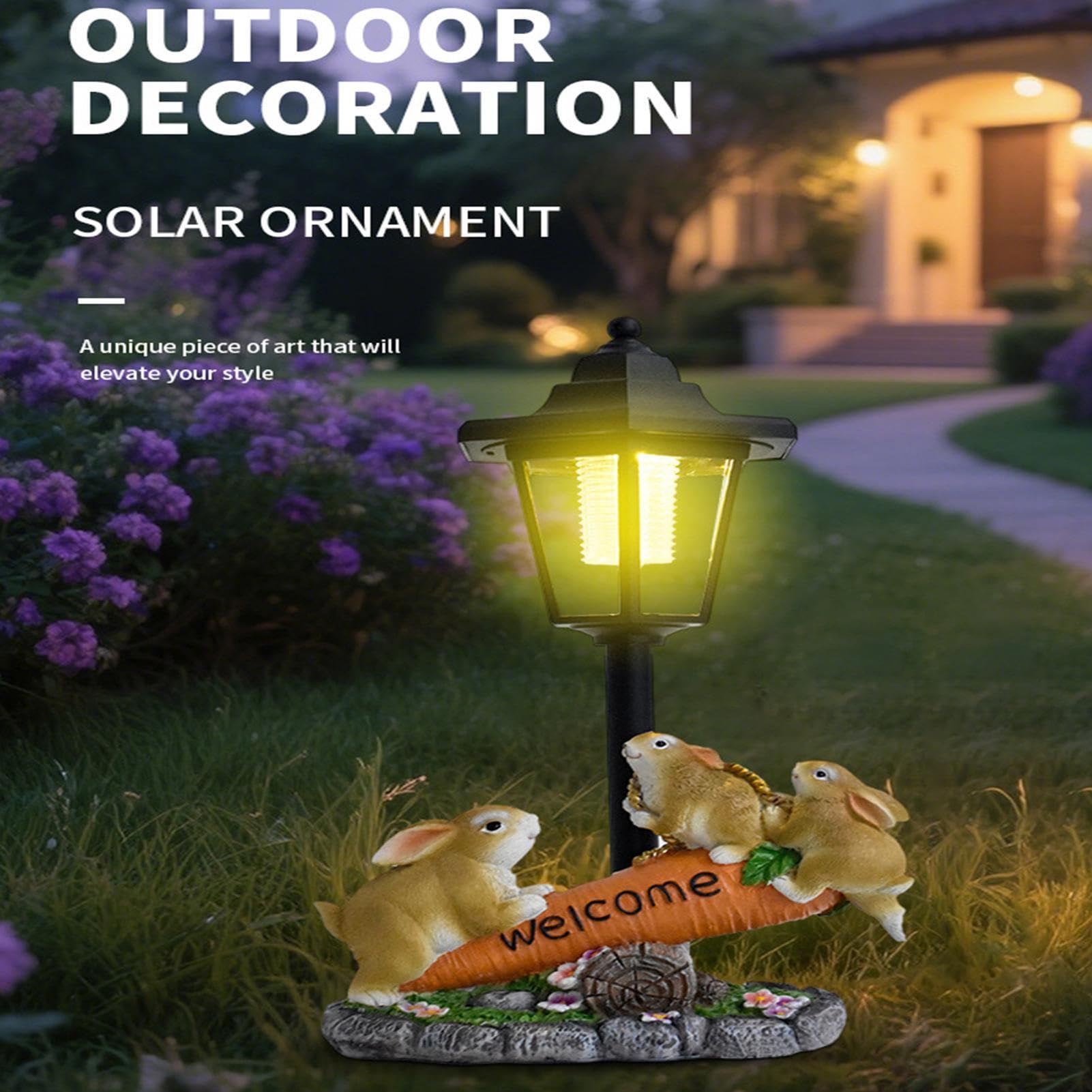 Króliczek Solarny - Urocza Żywiczna Lampa Rzeźba Plenerowa | Wodoodporne Solarne Dekoracje Wielkanocne Zewnętrzne | Idealny do postawienia na ganku, ścieżce, alejce, balkonie, tarasie i