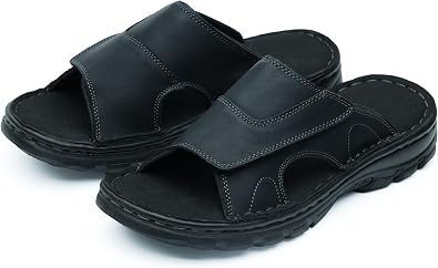 MGGMOKAY Mens Leather Slide Sandals Comfortable Anti-Slip Slides with Adjustable Straps