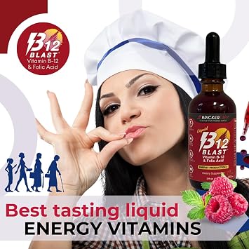 Bricker Labs B-12 Blast Liquid Vitamin B12 and Folic Acid Supplement, Support Energy Production, Great Tasting Liquid Vitamin B12 Dietary Supplement in Natural Raspberry Flavor, 2 fl oz Bottle