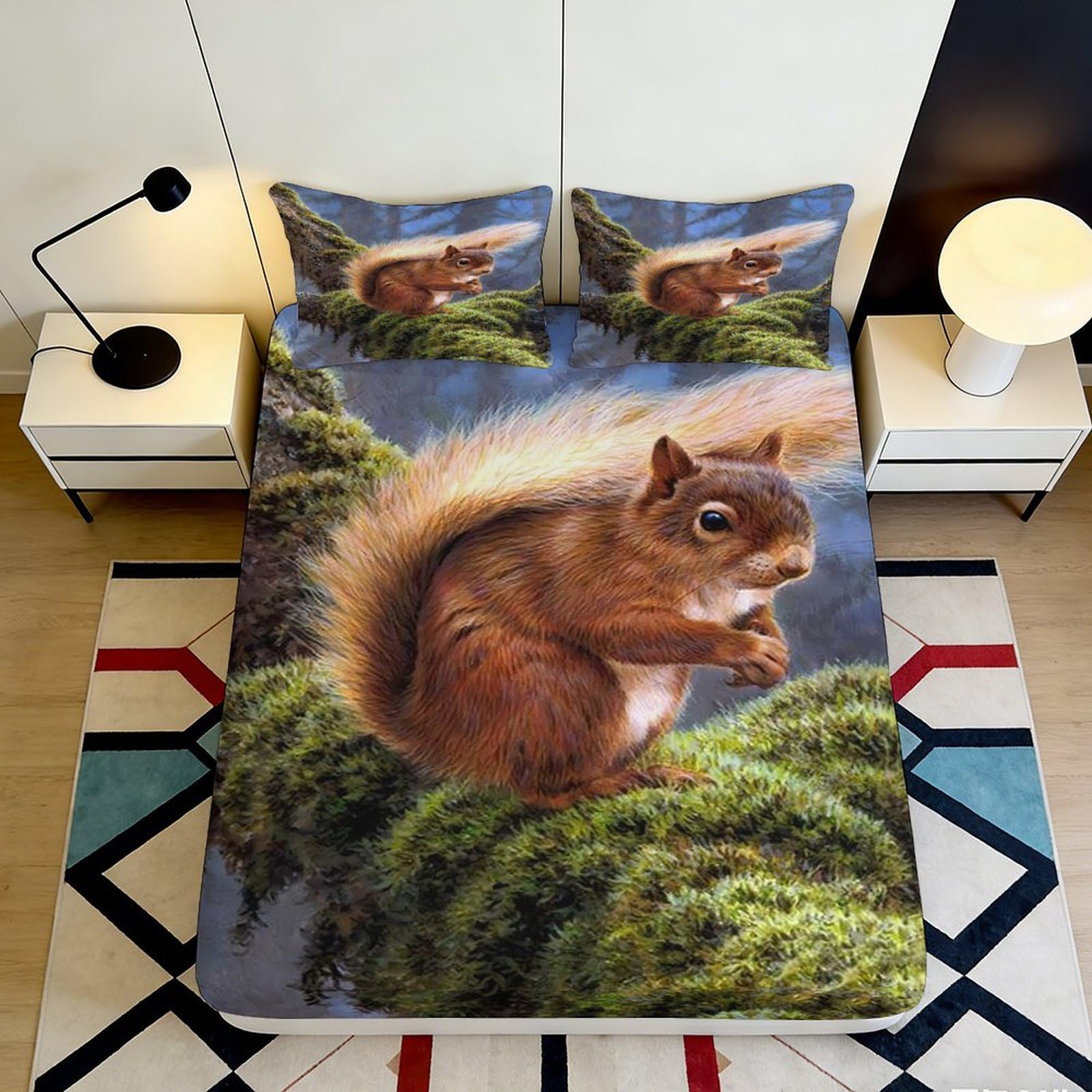 3D Printed Squirrel Forest Fitted Sheet Microfiber Soft Non-slip Autumn Woodland Bed Cover for Bedroom Guest Room 90x200x25cm