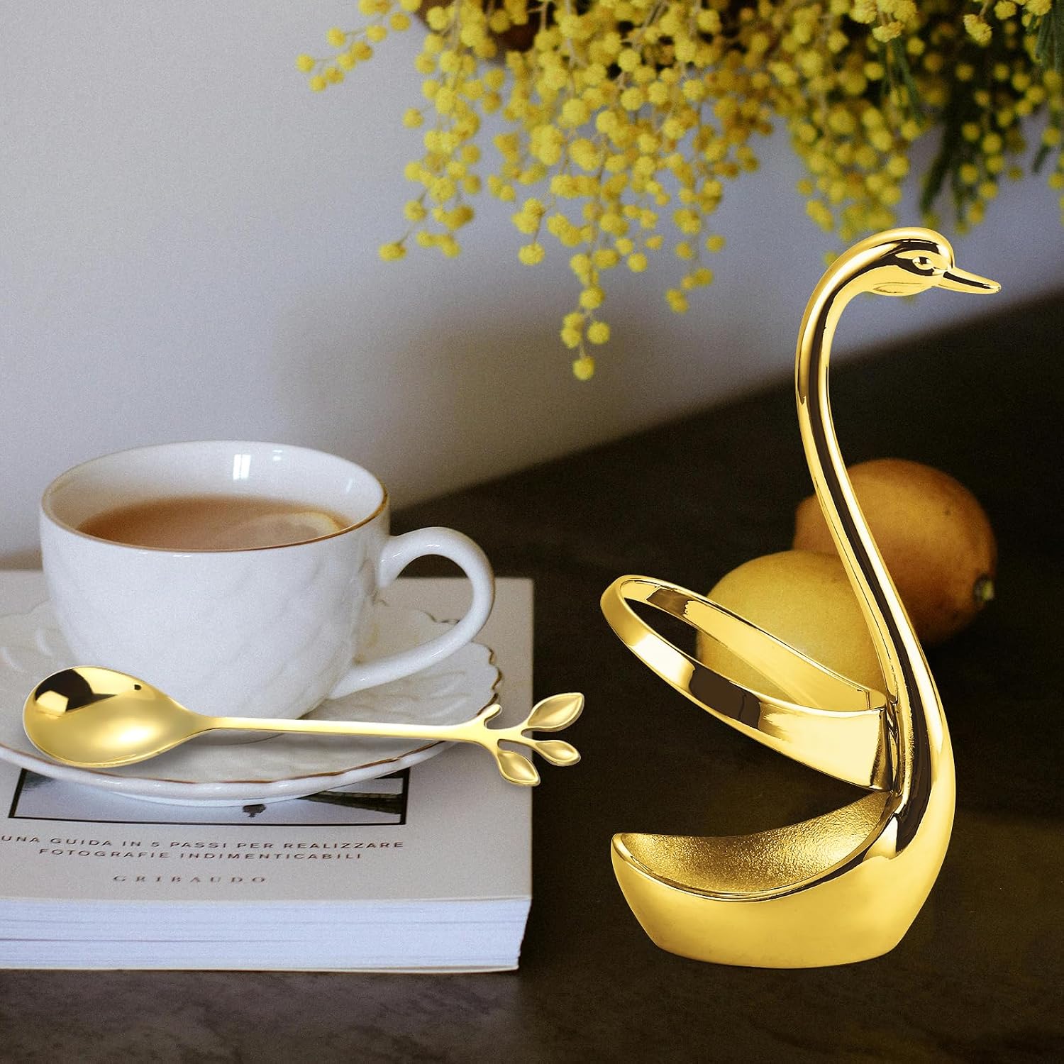 Stainless Steel Gold Creative Dinnerware Set OIULO - Decorative Swan Base Holder with 12 Leaf Spoons for Coffee, Fruit,Dessert,Stirring, Mixing, Sugar, Stir, Ice Cream, Cake, Teaspoon (Gold)