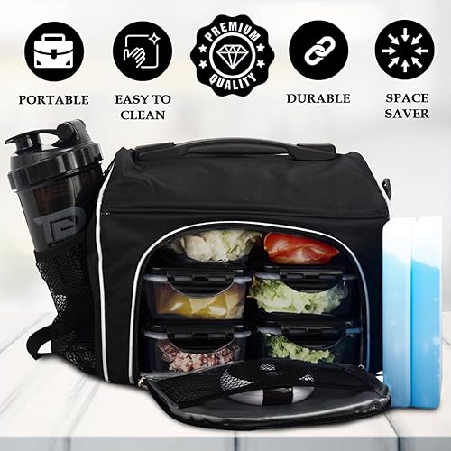 Miniatura 9 de TO GO Bolsa de preparación de comidas, bolsa de almuerzo aislada con 6 recipientes de control de porciones, 2 paquetes de hielo, agitador, caja de