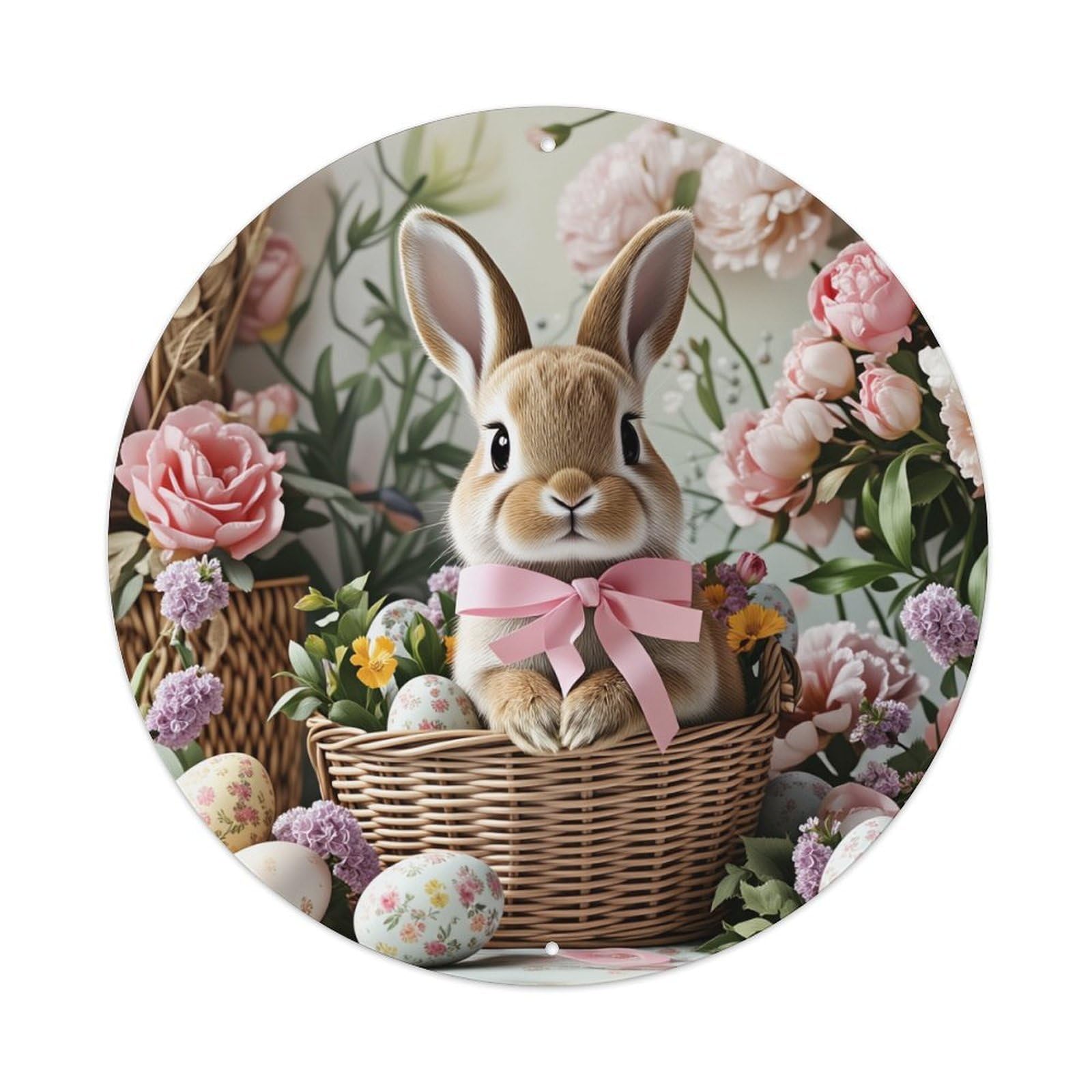 Floral Easter Bunny Basket Pattern Round Tin Sign Vintage Metal Poster, Home Bar Garage Man Cave Cafe Indoor & Outdoor Wall Decoration 8x8Inches