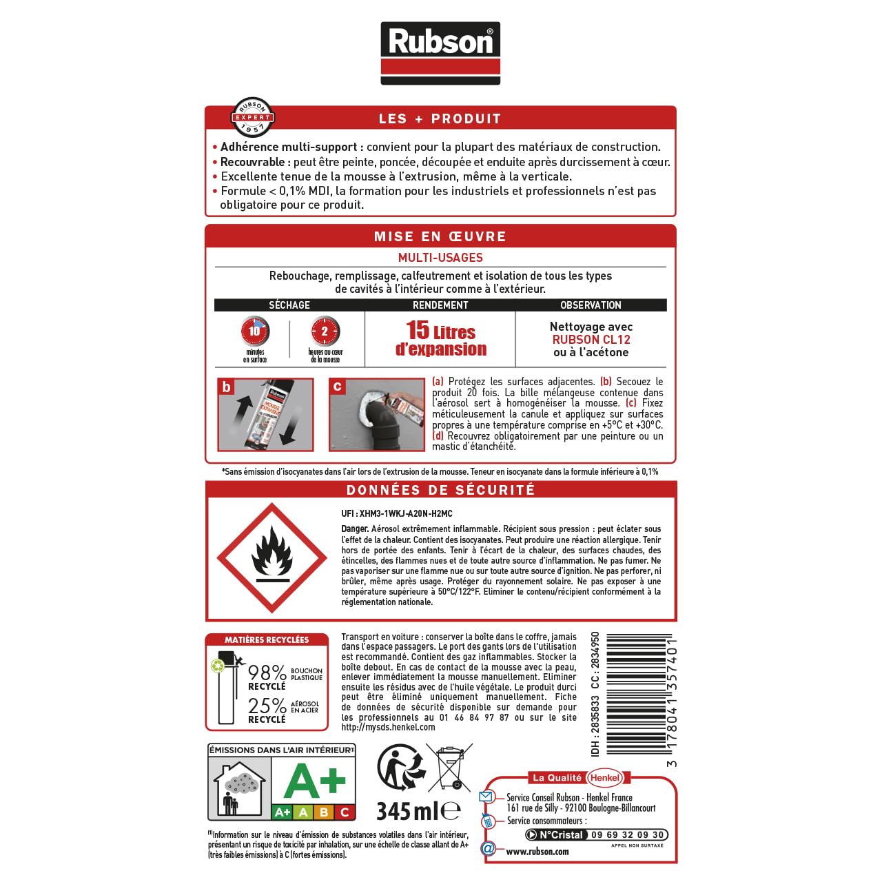 Rubson - Mousse Expansive Multi-Usages (Lot de 4x345 ml) Blanche – Mousse polyuréthane pour isolation, calage et rebouchage – 15 litres d'expansion
