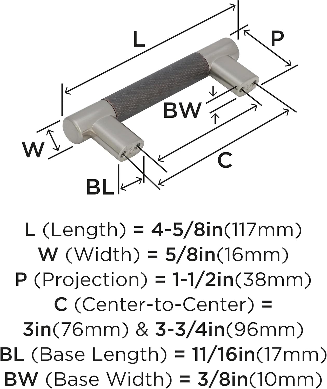Amerock | Cabinet Pull | Satin Nickel/Oil-Rubbed Bronze | 3inch & 3-3/4 inch (76mm & 96 mm) Center to Center | Esquire | 1 Pack | Drawer Pull | Drawer Handle | Cabinet Hardware